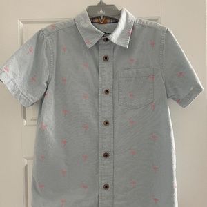 Boys chambray light blue with pink flamingos button down